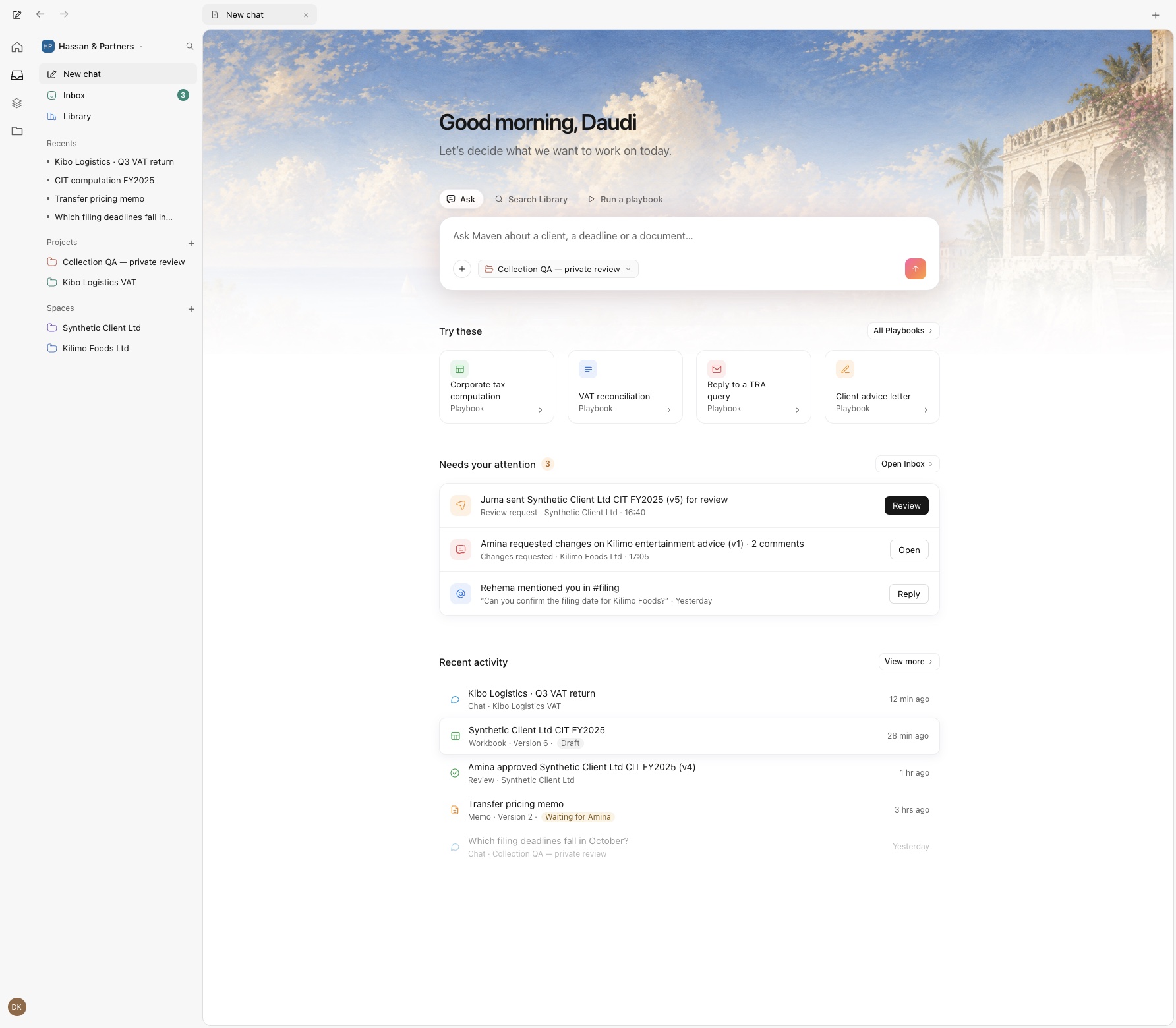 Maven's Home screen, with Try these playbooks and the Needs your attention list.