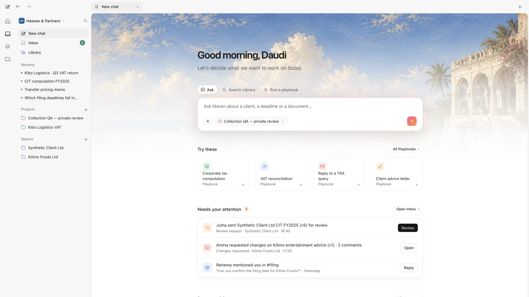 Maven's Home screen, with Try these playbooks and the Needs your attention list.